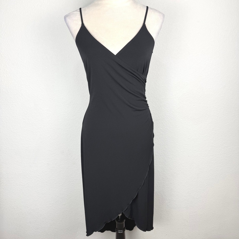 Vintage 90's XI USA Black Ruched Wrap Midi Dress Spaghetti Strap Asymmetric Hem